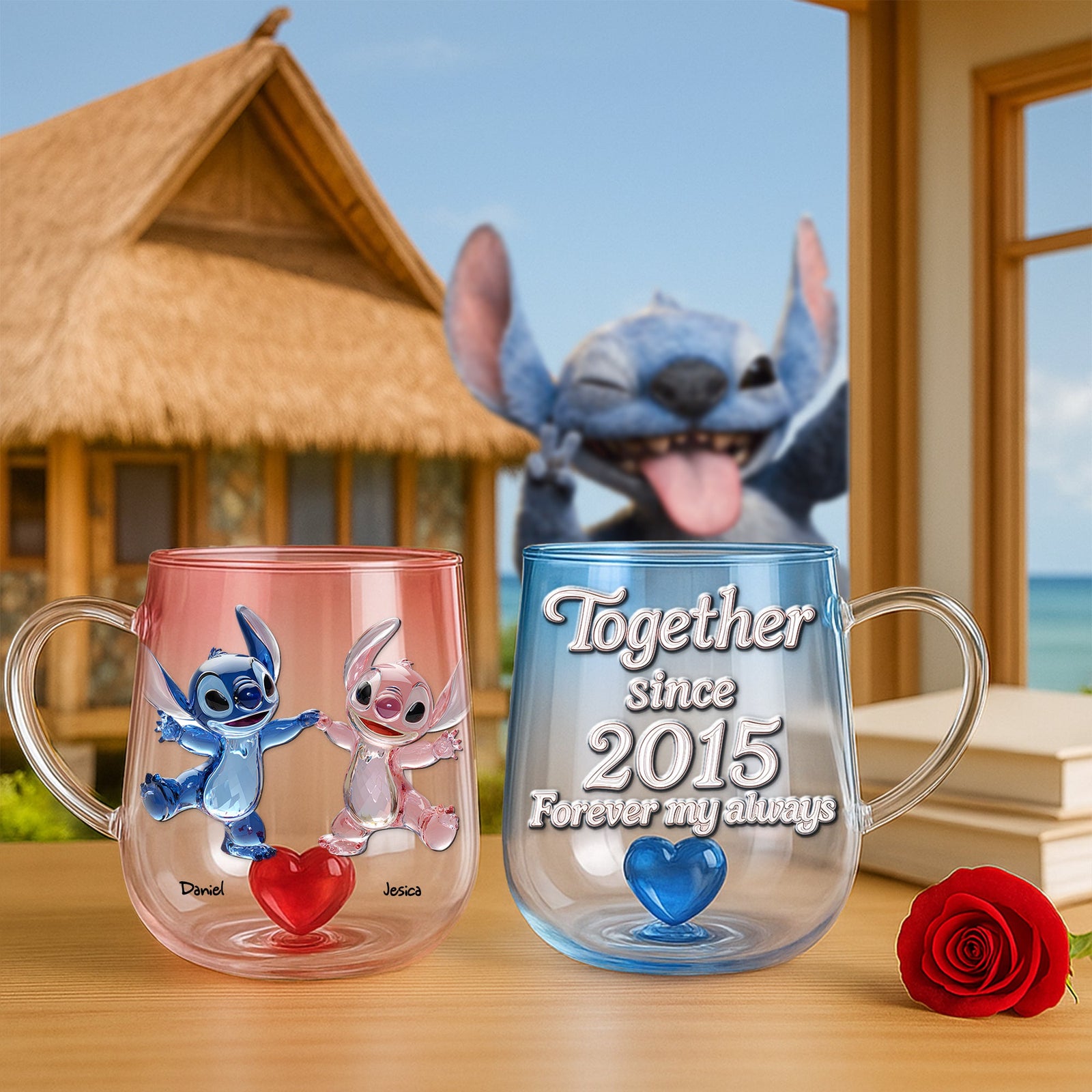 Blue Monster Couple Heart Glass Mug - Personalized Gift For Couple 03TGLU100625