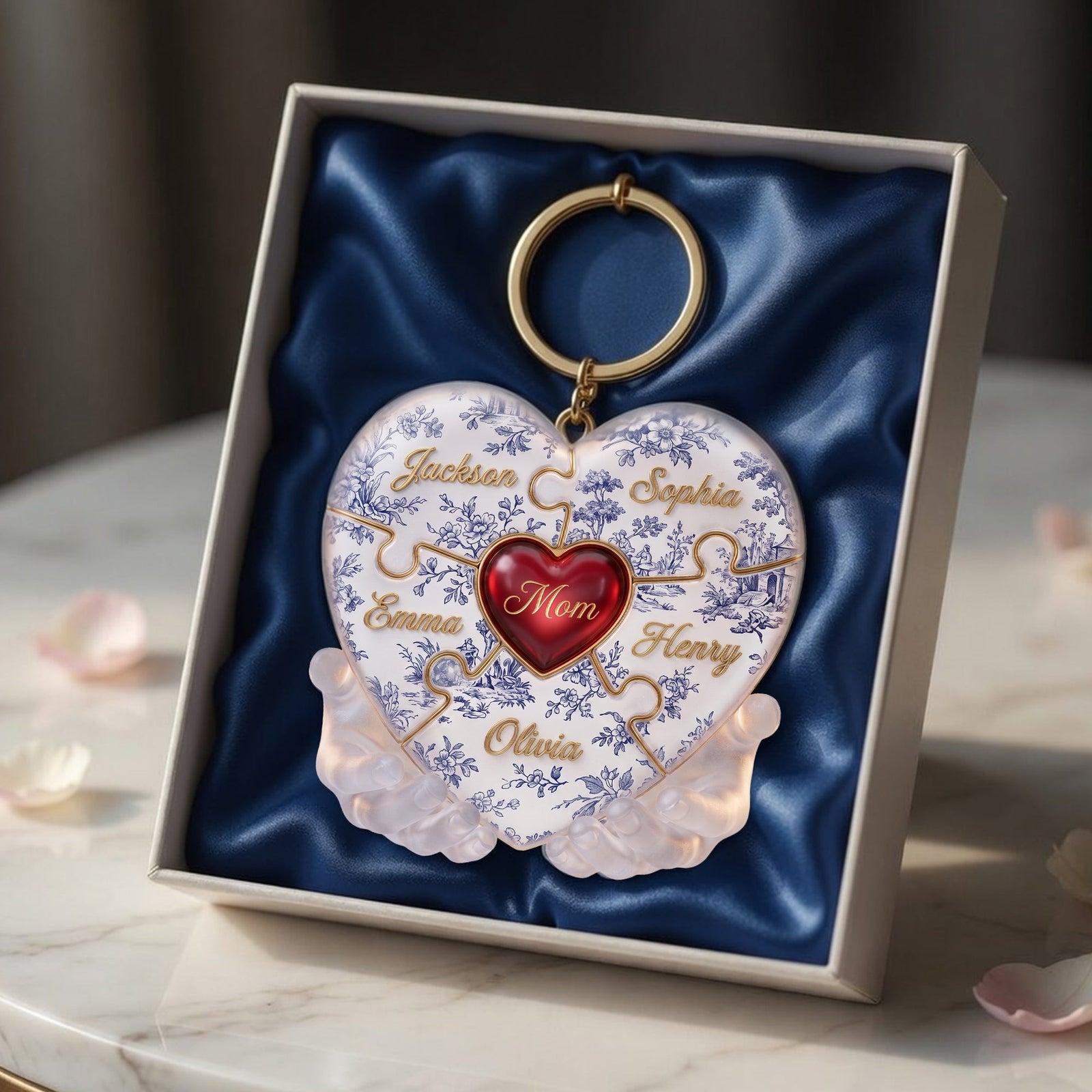Toile De Jouy Mommy Puzzle Heart Keychain Personalized Gifts For Mom 01PALU240426