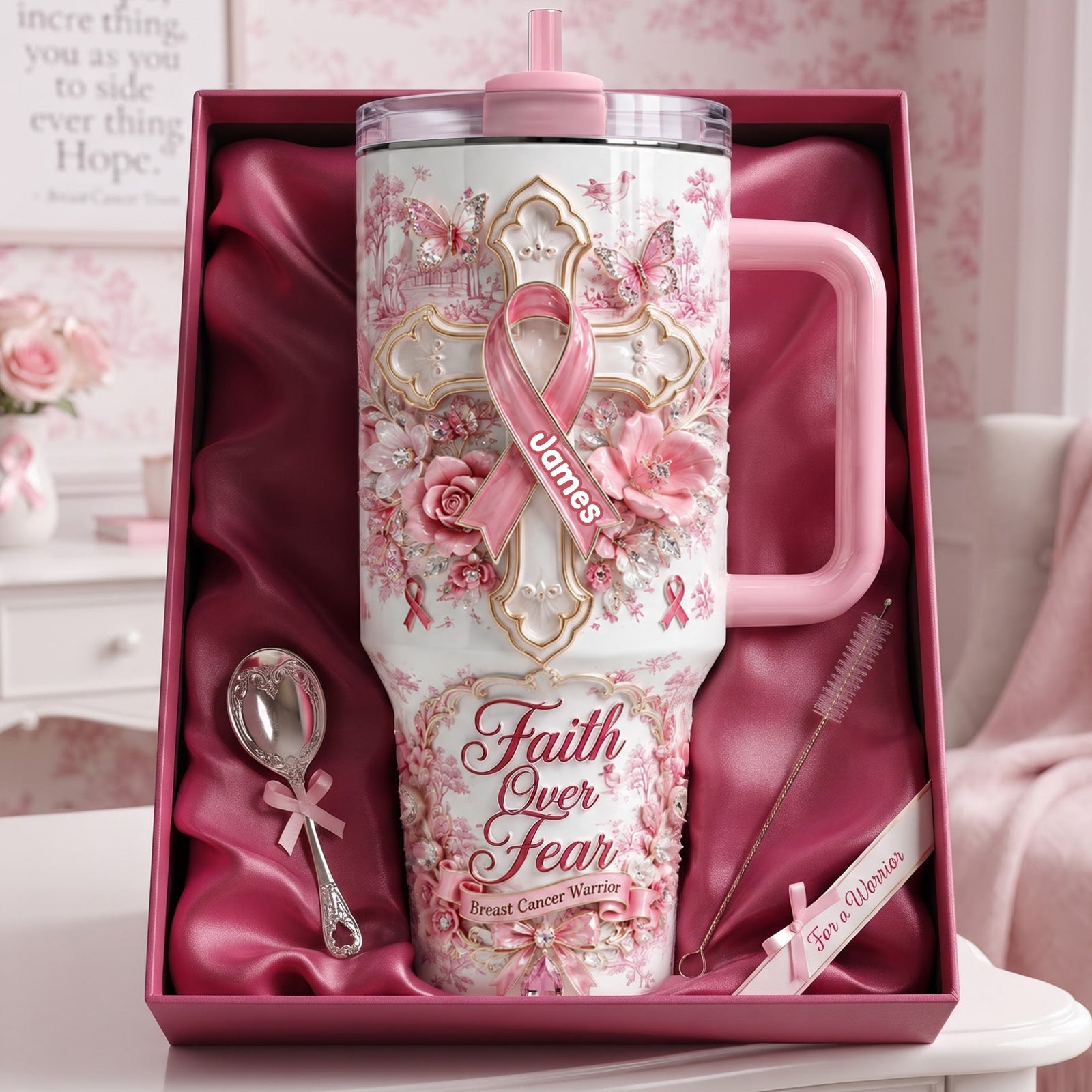 God Be With His Pink Fighter 40oz Tumbler With Handle - Personalized Gifts For Breast Cancer Warrior 02QHLU030826