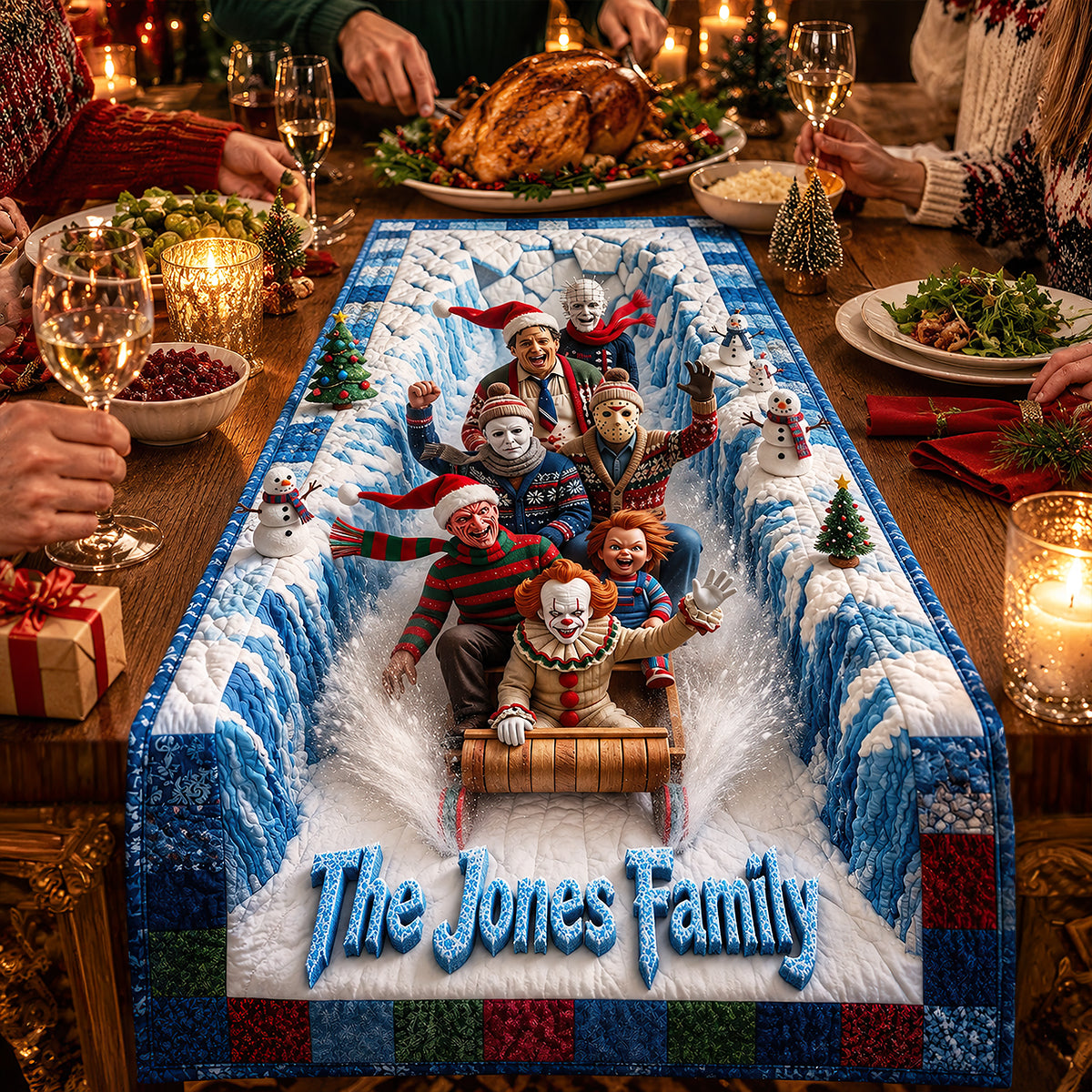 Macabre Midnight Slashers, Christmas Tobogganing Hours Quilted Table Runner - Personalized Gifts For Horror Lovers 04qhdt210826