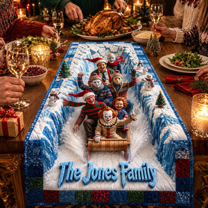 Macabre Midnight Slashers, Christmas Tobogganing Hours Quilted Table Runner - Personalized Gifts For Horror Lovers 04qhdt210826
