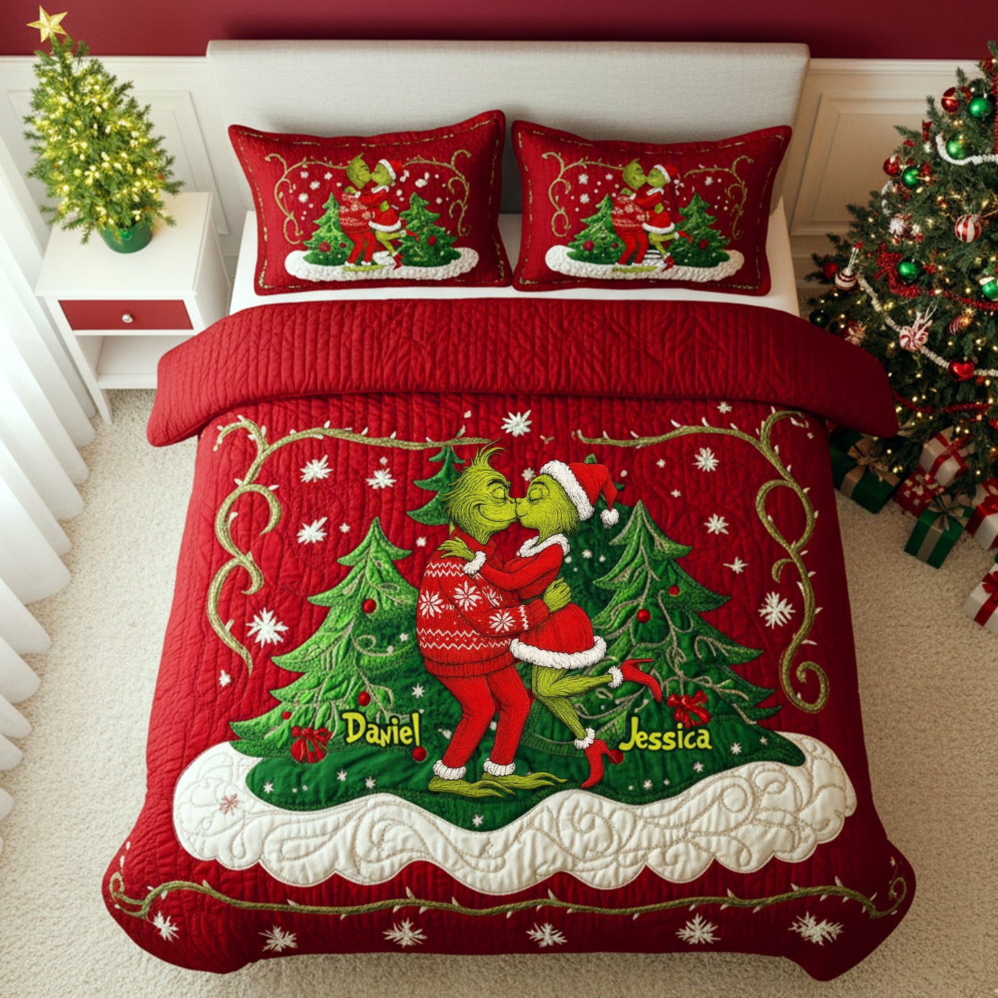 Festive Couple Kiss Quilt Set Special Line - Personalized Christmas Gift For Couples 02NALU080925