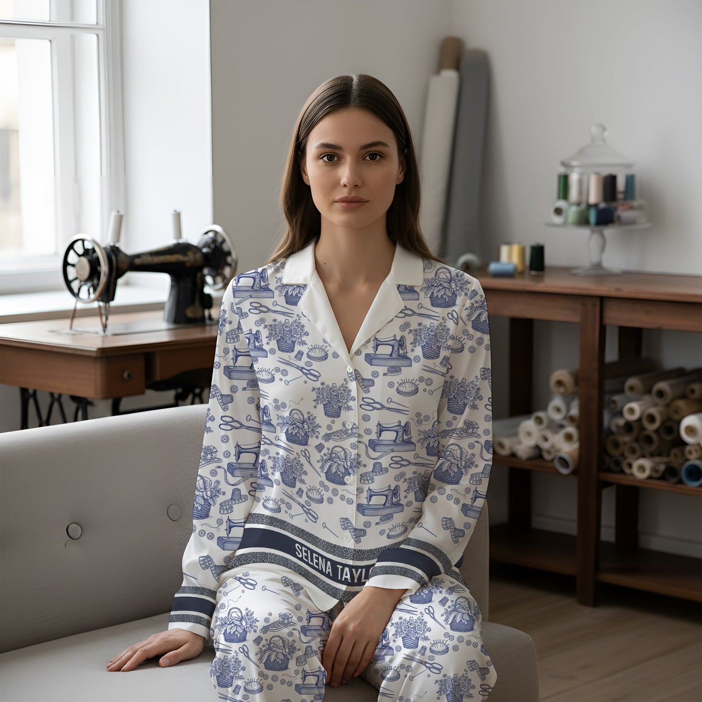 Sewing Toile de Jouy Button Up Pajama Set - Personalized Gift For Sewing Lover Christmas Pajama 06PGLU250925