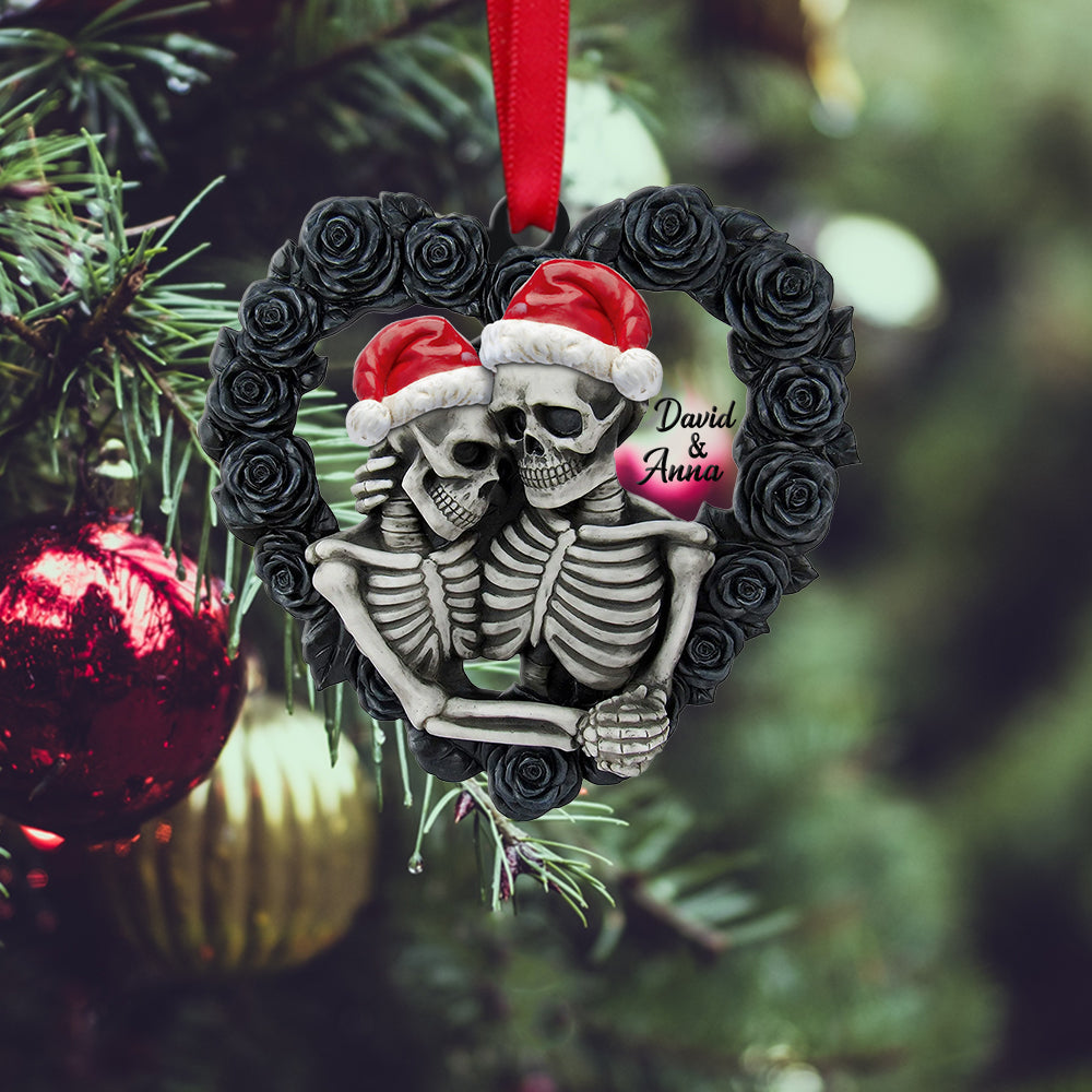 Skeleton Couple - Personalized Ornament, Black Rose Heart Shape, Christmas Tree Decor - Ornament - GoDuckee