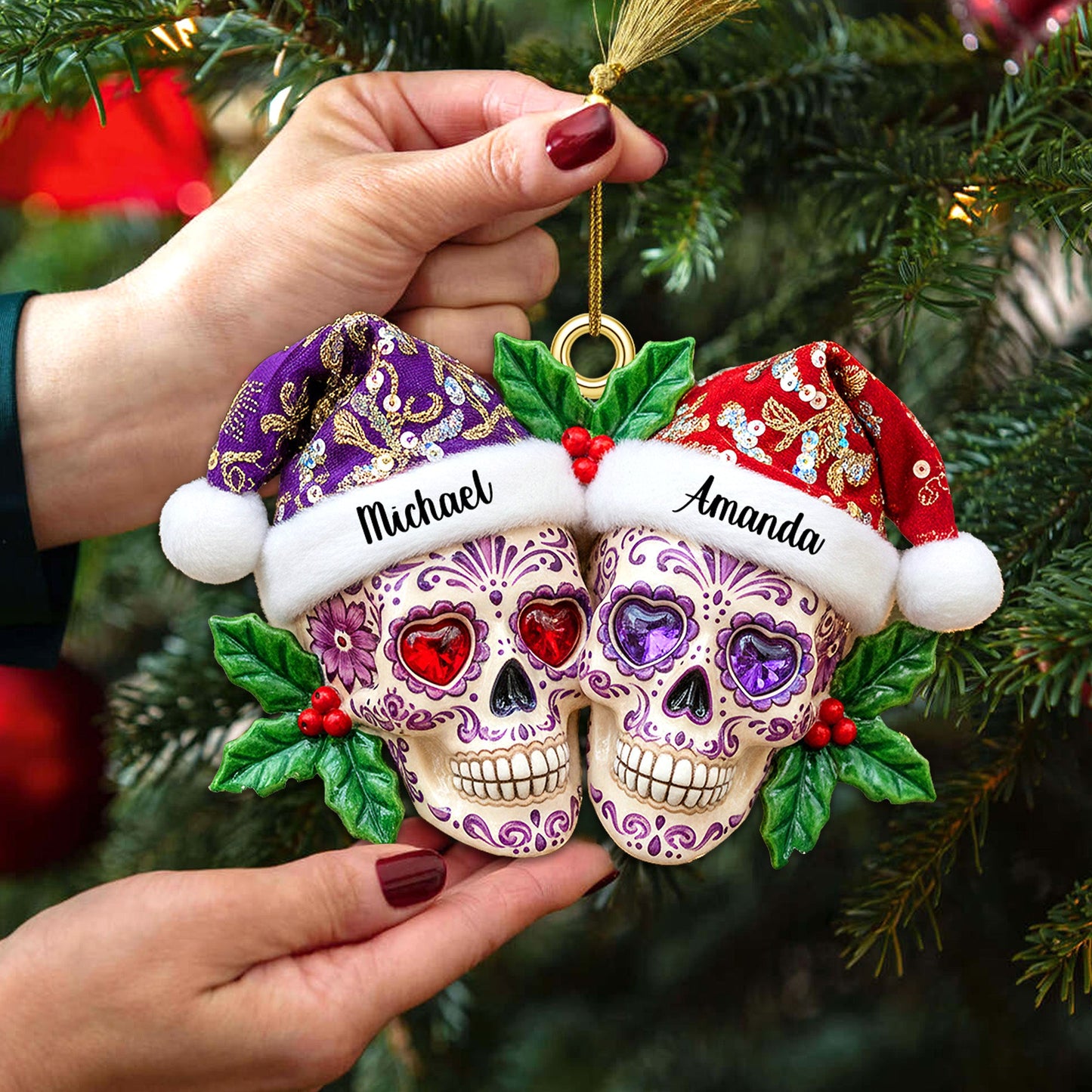 Personalized Gifts For Christmas, Christmas Dia de Los Muertos Skull Couple Acrylic Ornament 01pamg090925