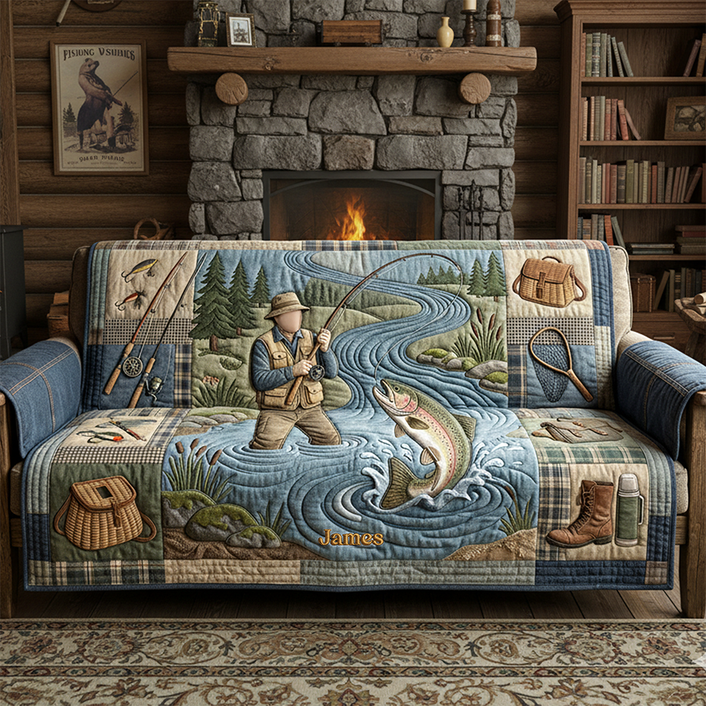 Hooked On Fishing Quilted Sofa Cover - Personalized Gifts For Fishing Lovers 03PATA260126