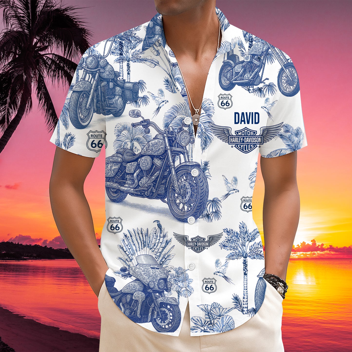 Vintage Toile Blue Motorcycle Pattern Hawaiian Shirt - Personalized Gifts For Biker 02QHLU130625