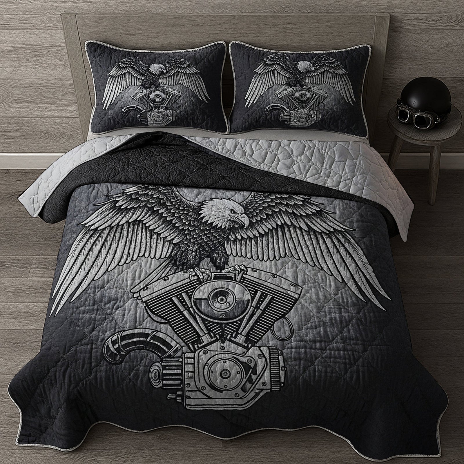 Edgy & Bold Motorcycle Engine Quilt Bed Set, Personalized Gifts For Biker 02qhlu150725
