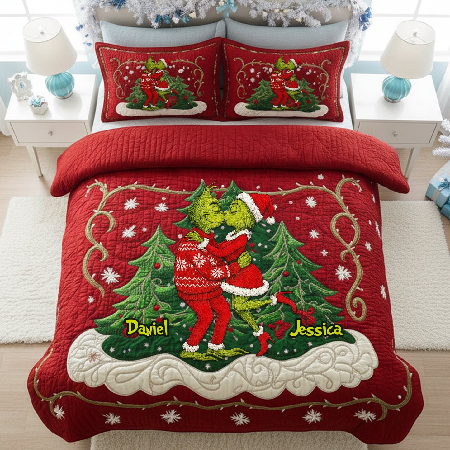 Festive Couple Kiss Quilt Set Special Line - Personalized Christmas Gift For Couples 02NALU080925