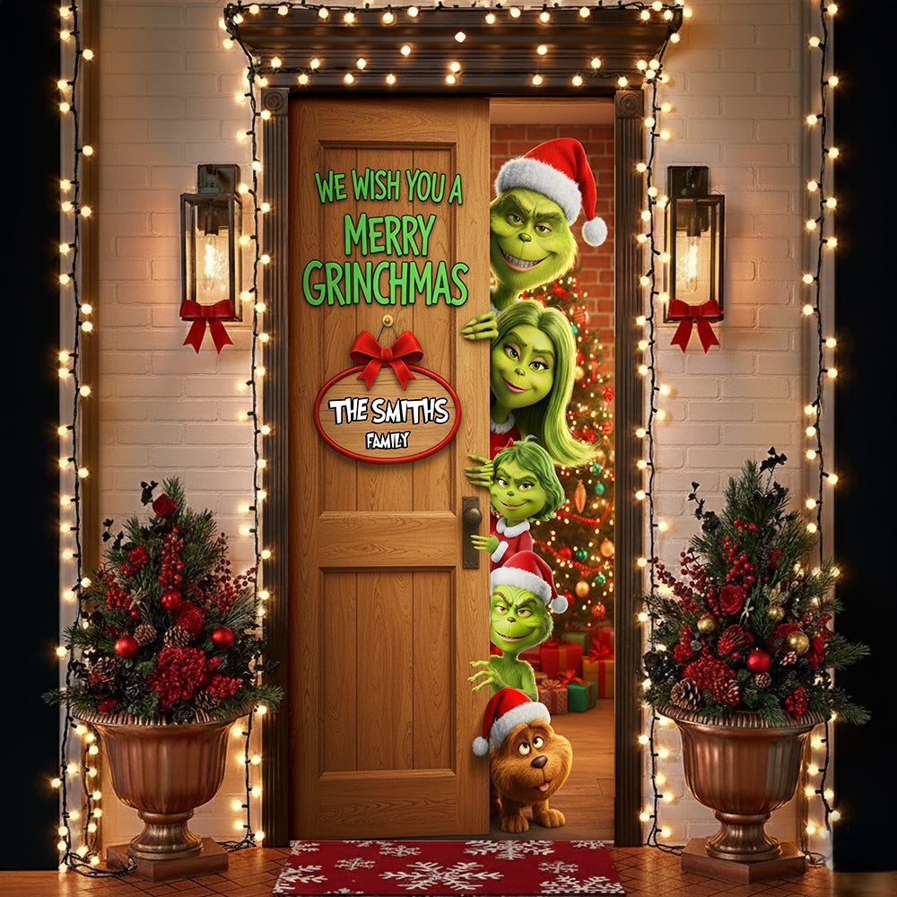 Family Green Monster Door Cover - Personalized Gifts For Family Christmas Door Cover 06KILU031125