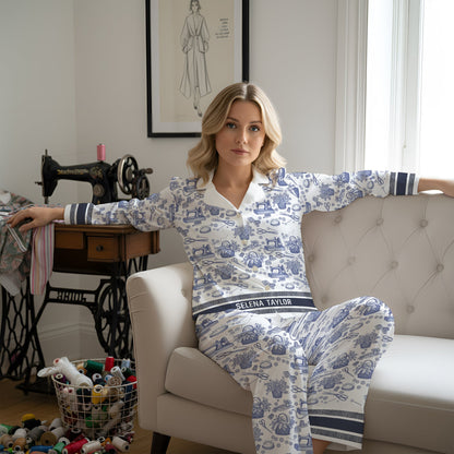 Sewing Toile de Jouy Button Up Pajama Set - Personalized Gift For Sewing Lover Christmas Pajama 06PGLU250925