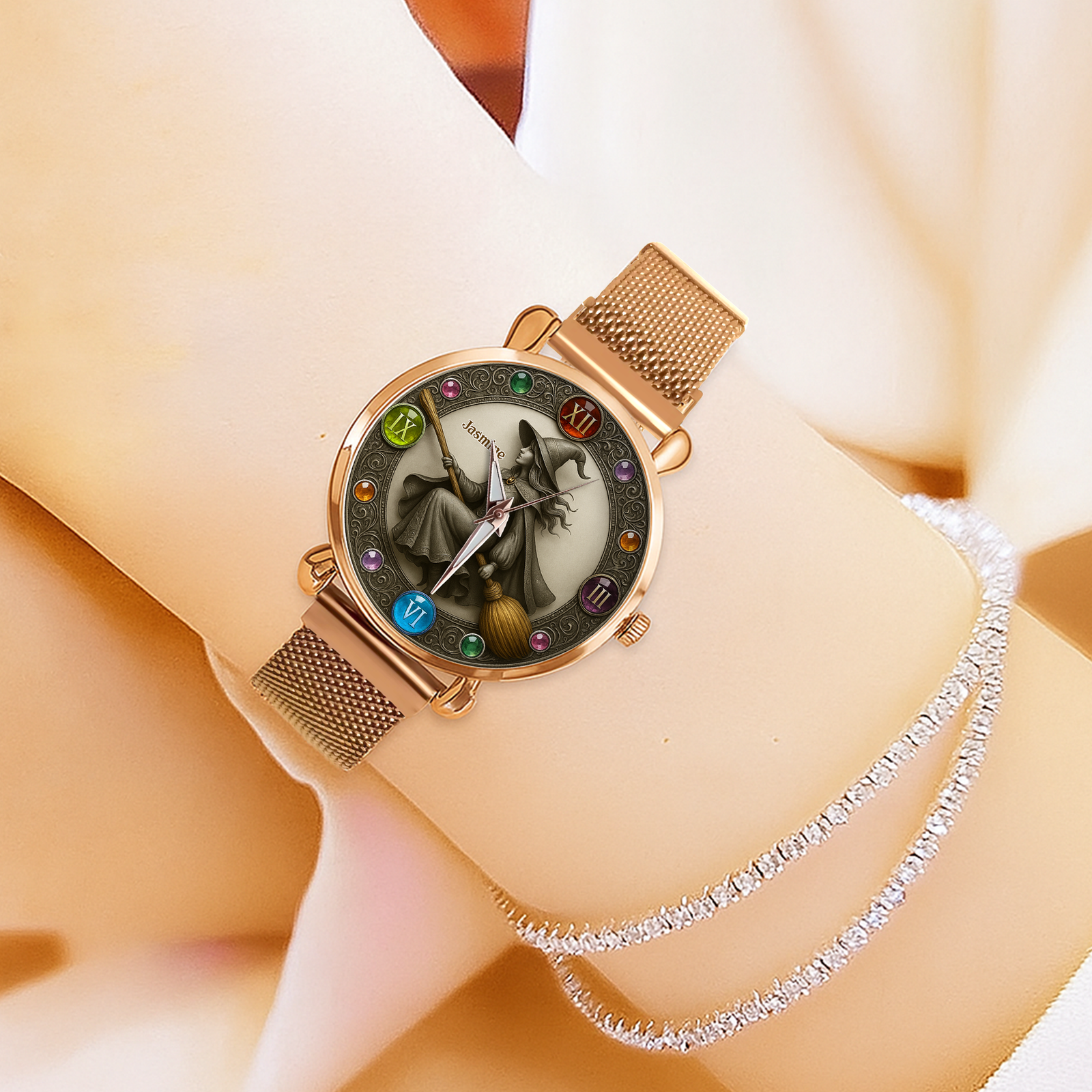 Mystical Witch On Broom Mesh Straps Watch - Personalized Gifts For Witch Lovers 04PGLU190725