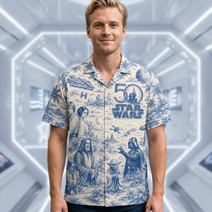 Warriors Celebrate 50th Anniversary Toile De Jouy Hawaiian Shirt - Personalized Gifts 02nata170626