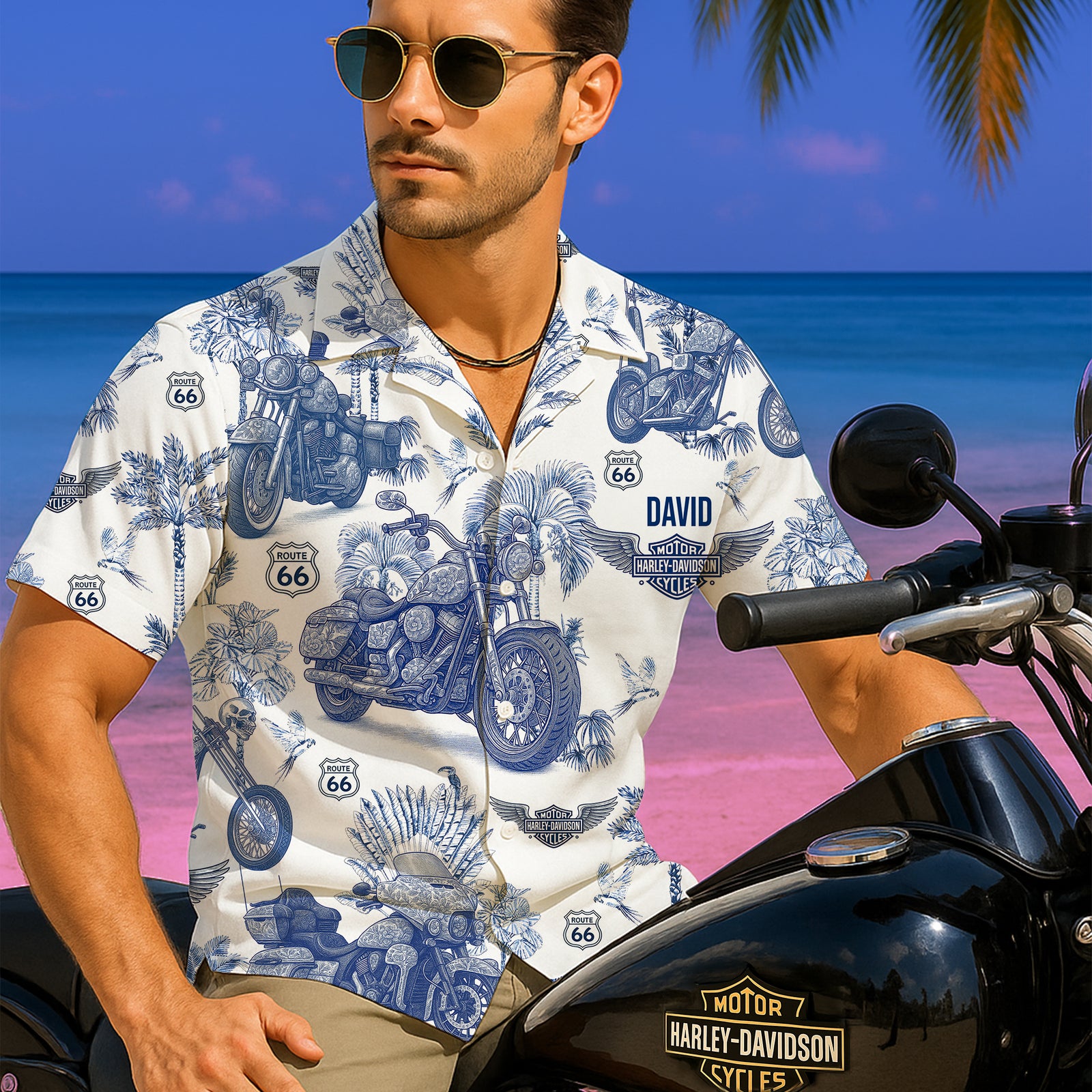 Vintage Toile Blue Motorcycle Pattern Hawaiian Shirt - Personalized Gifts For Biker 02QHLU130625