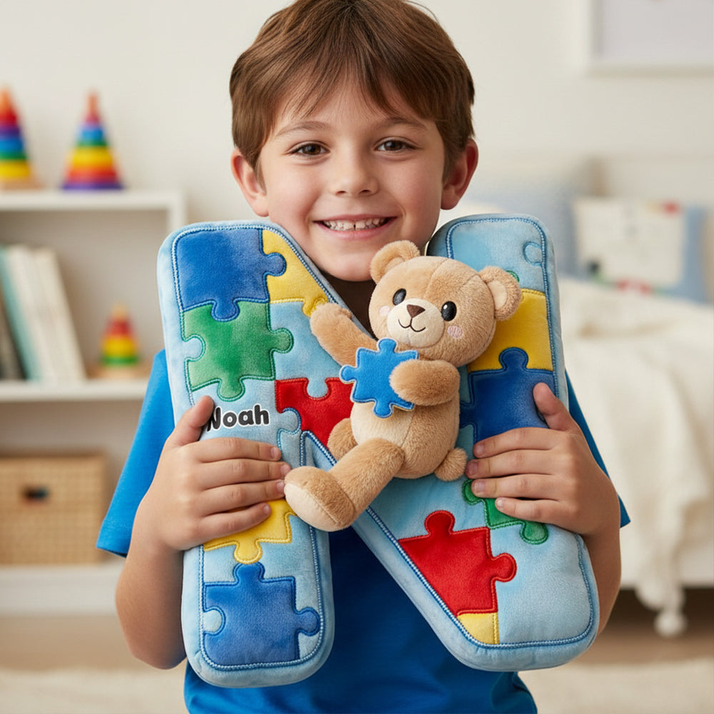 Autism Bear Alphabet Initial Letter Custom Shaped Pillow - Personalized Gifts For Kids 04natn101225