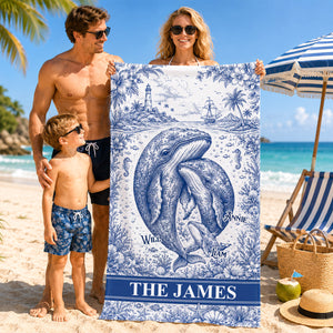 Toile De Jouy Whale Family Beach Towel, Personalized Gift For Family 05qhdh180726