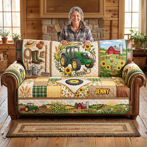 Green Farm Tractor Quilted Sofa Cover - Personalized Gifts For Tractor Lovers 05pgtn260626