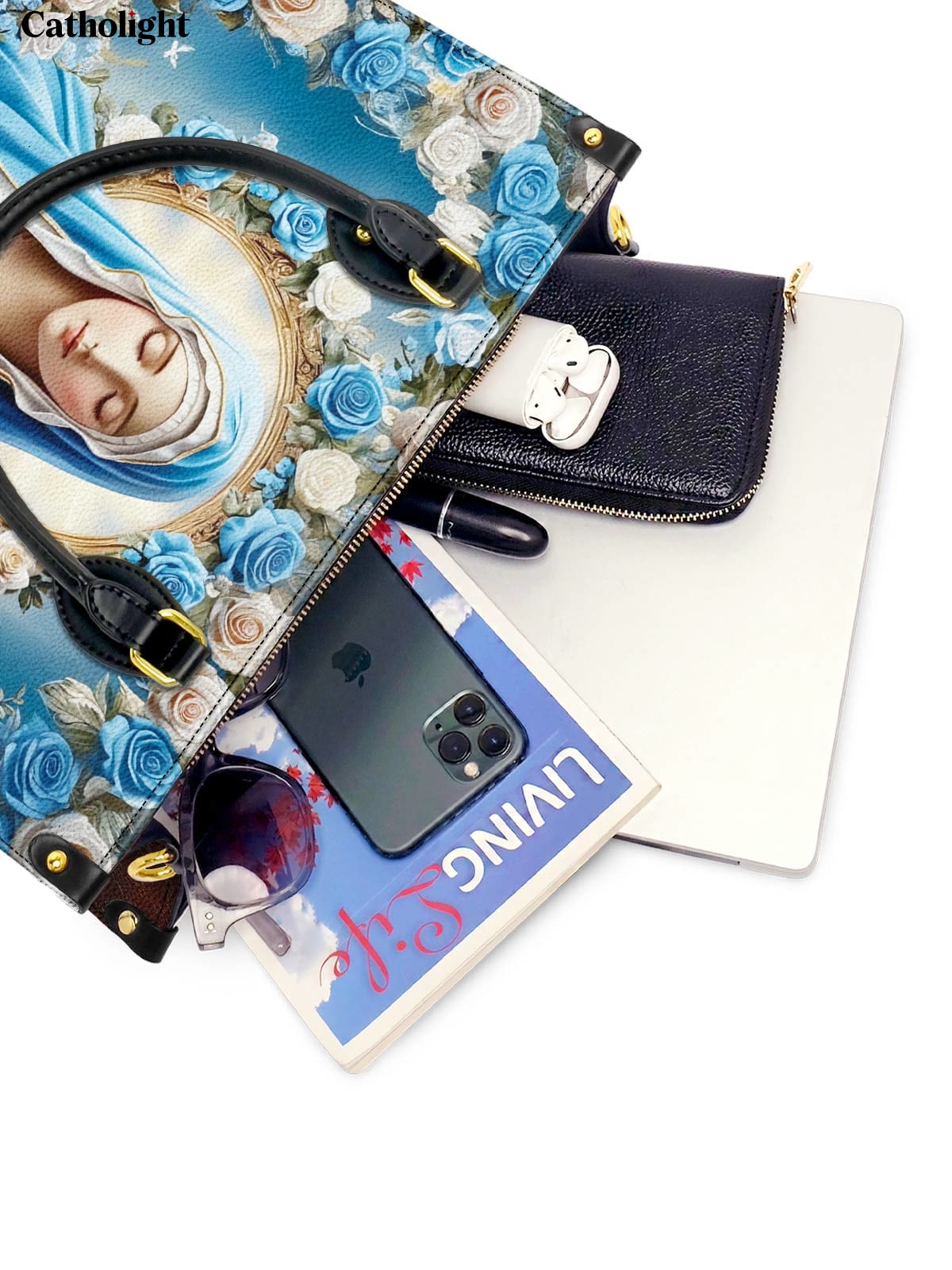 Catholight  Our Lady of Roses Leather Handbag - Divine Grace in Art