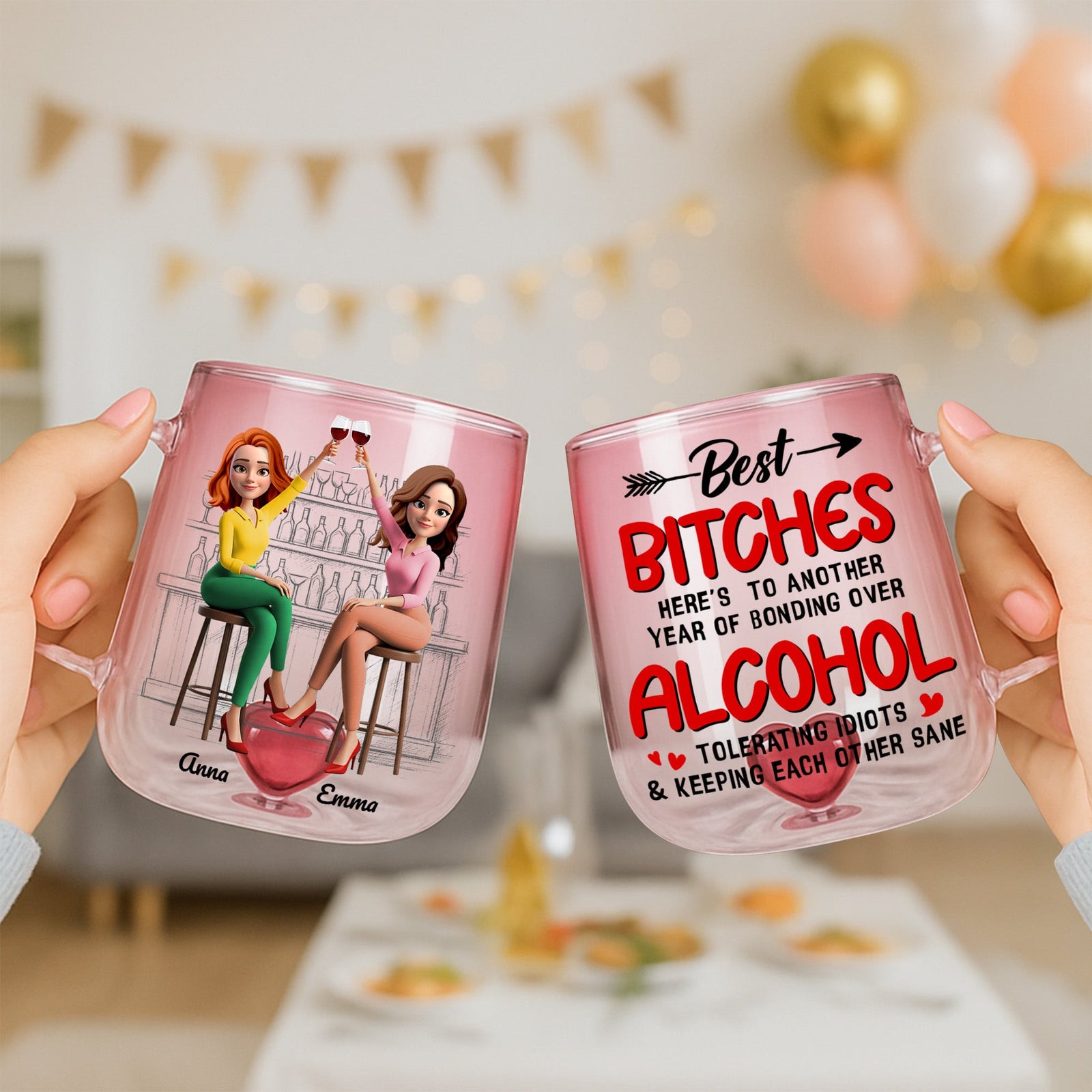 Partner In Wine Personalized Gifts For Drinking Buddies 3D Heart Glass Mug 02natn230725 - 3D Heart Glass Mug - GoDuckee