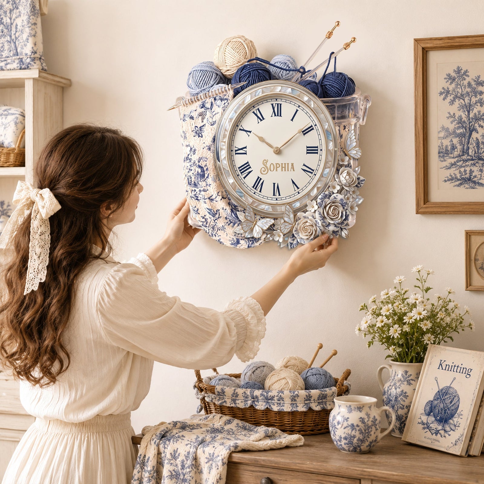 Toile De Jouy Floral Knitting Hanging Wall Clock - Personalized Gifts For Knitting Lovers 07palu080826