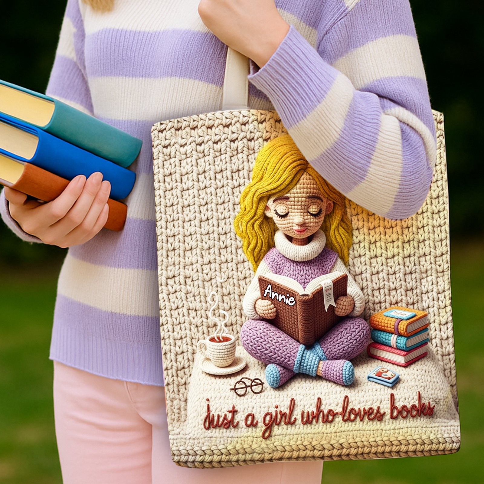 Knitted Girl Reading Book Tote Bag - Personalized Gifts For Book Lovers 03TGLU290725