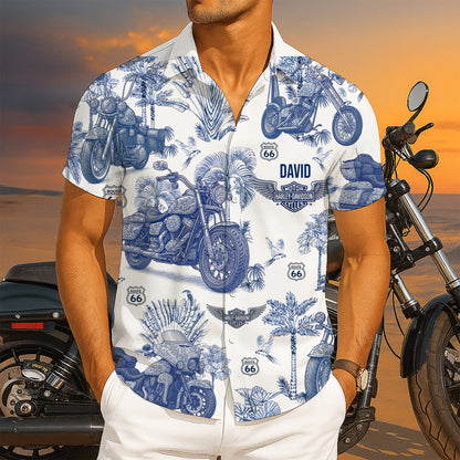 Vintage Toile Blue Motorcycle Pattern Hawaiian Shirt - Personalized Gifts For Biker 02QHLU130625