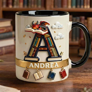 Vintage Book Dragon Alphabet Initial Letter Accent Mug, Personalized Gifts For Book Lovers 02qhdt231225