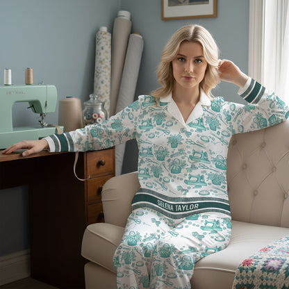 Sewing Toile de Jouy Button Up Pajama Set - Personalized Gift For Sewing Lover Christmas Pajama 06PGLU250925