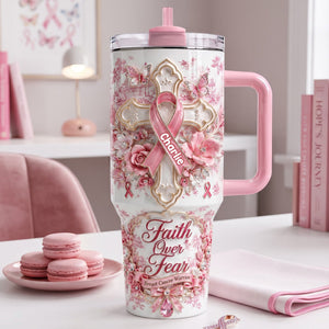 God Be With His Pink Fighter 40oz Tumbler With Handle - Personalized Gifts For Breast Cancer Warrior 02QHLU030826
