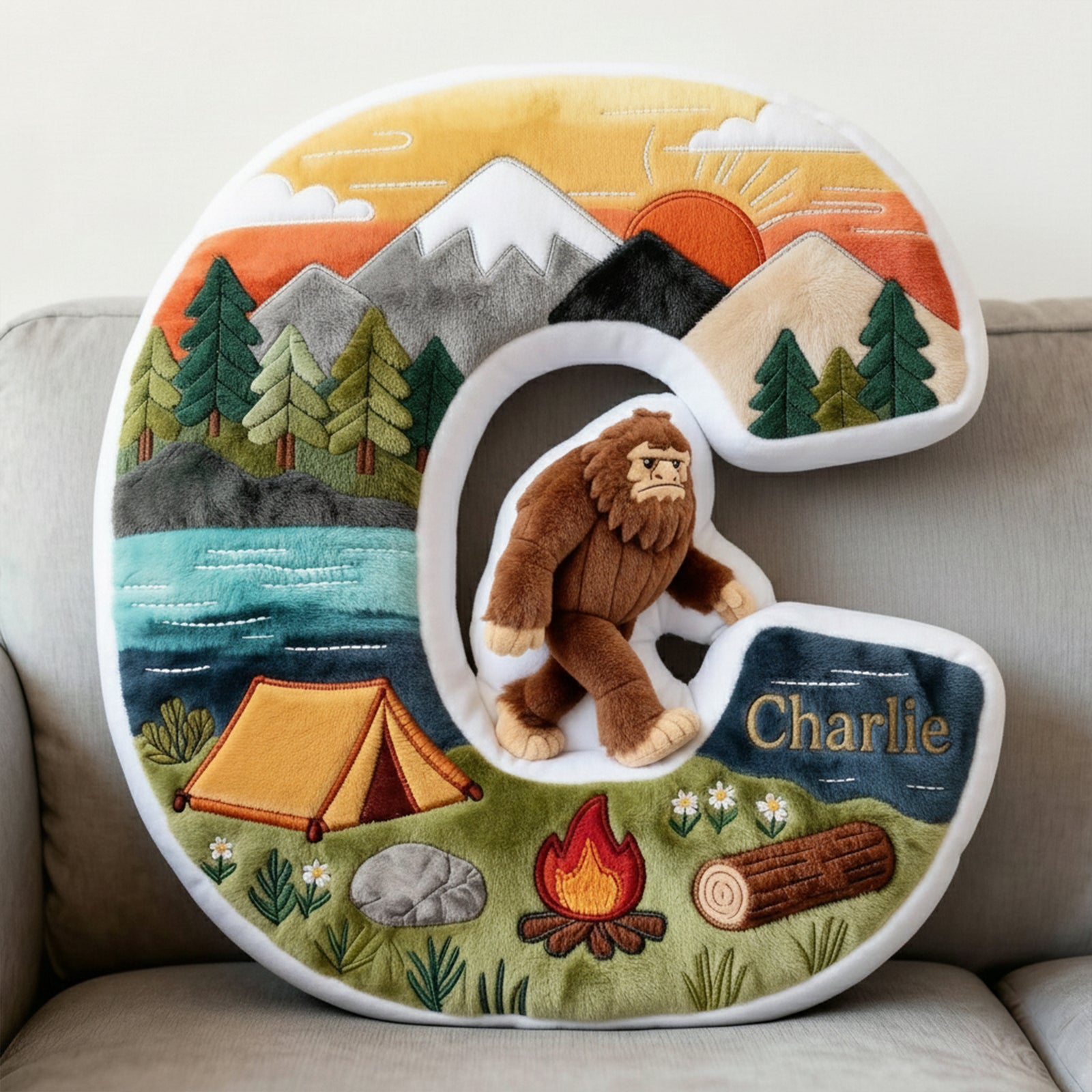 Sasquatch Camping Alphabet Initial Letter Pillow, Personalized Gifts For Camping Lovers & Bigfoot Seekers 02qhqn111225