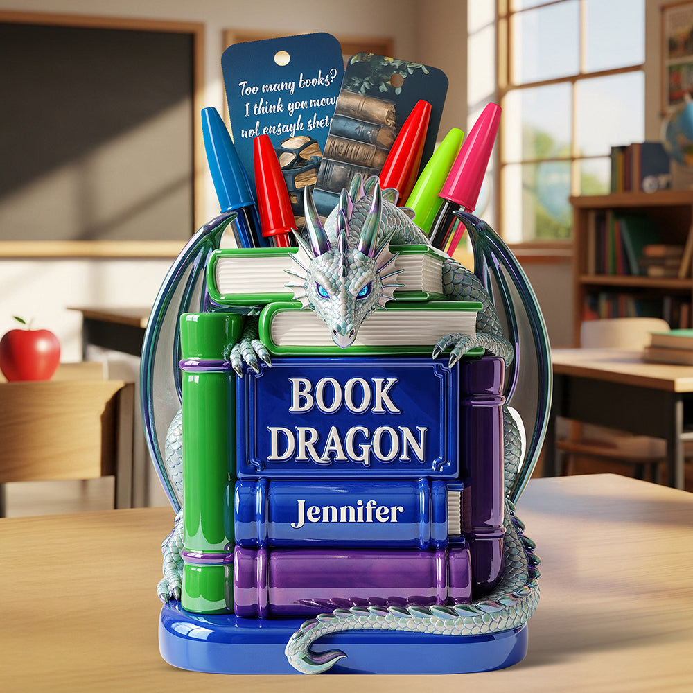 Book Dragon Wooden Pen Holder – Personalized Gifts for Book Lovers 02naqn010825