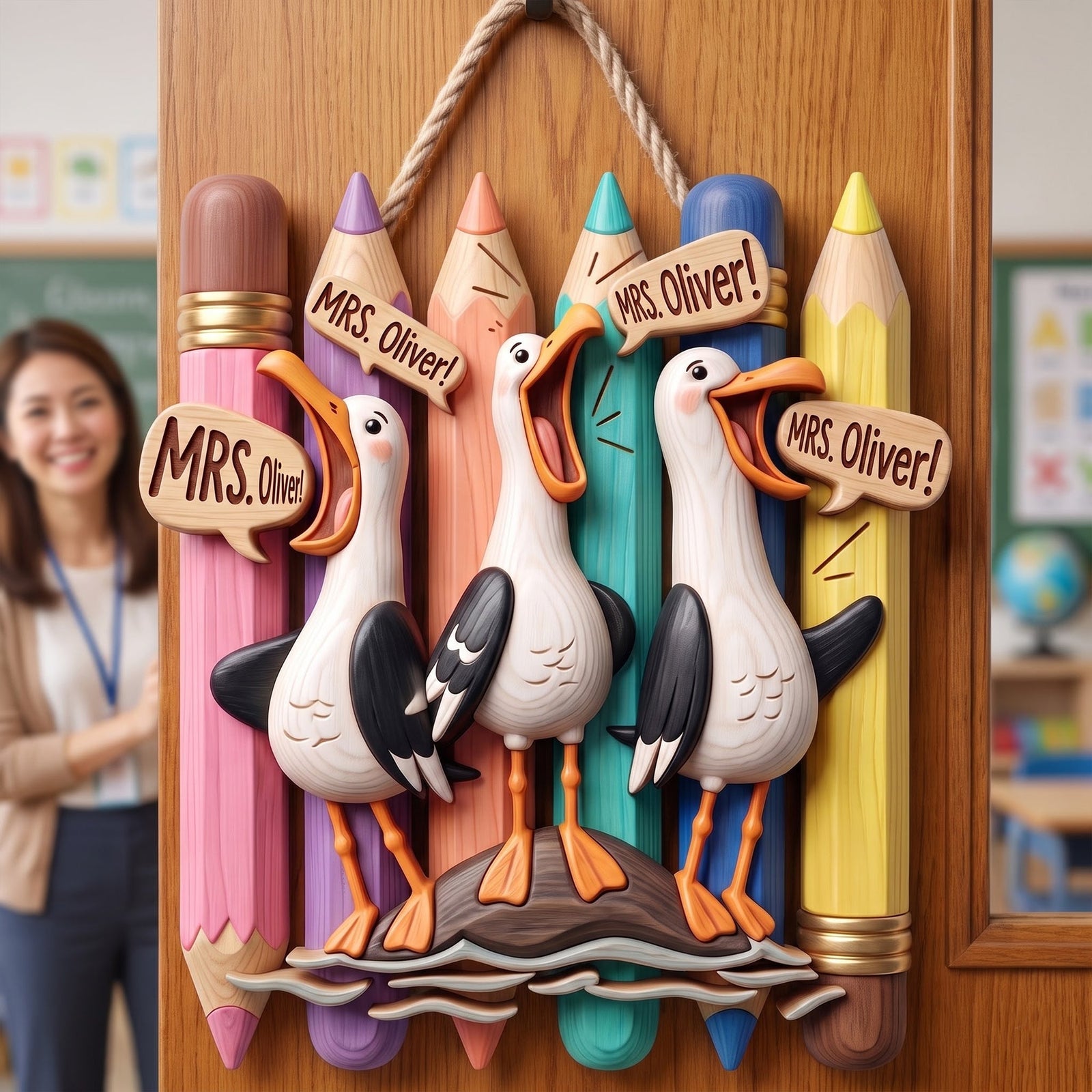 Cute Beachy Seagull Wood Sign - Personalized Gift For Teachers 02HUQN080826