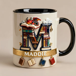 Vintage Book Dragon Alphabet Initial Letter Accent Mug, Personalized Gifts For Book Lovers 02qhdt231225