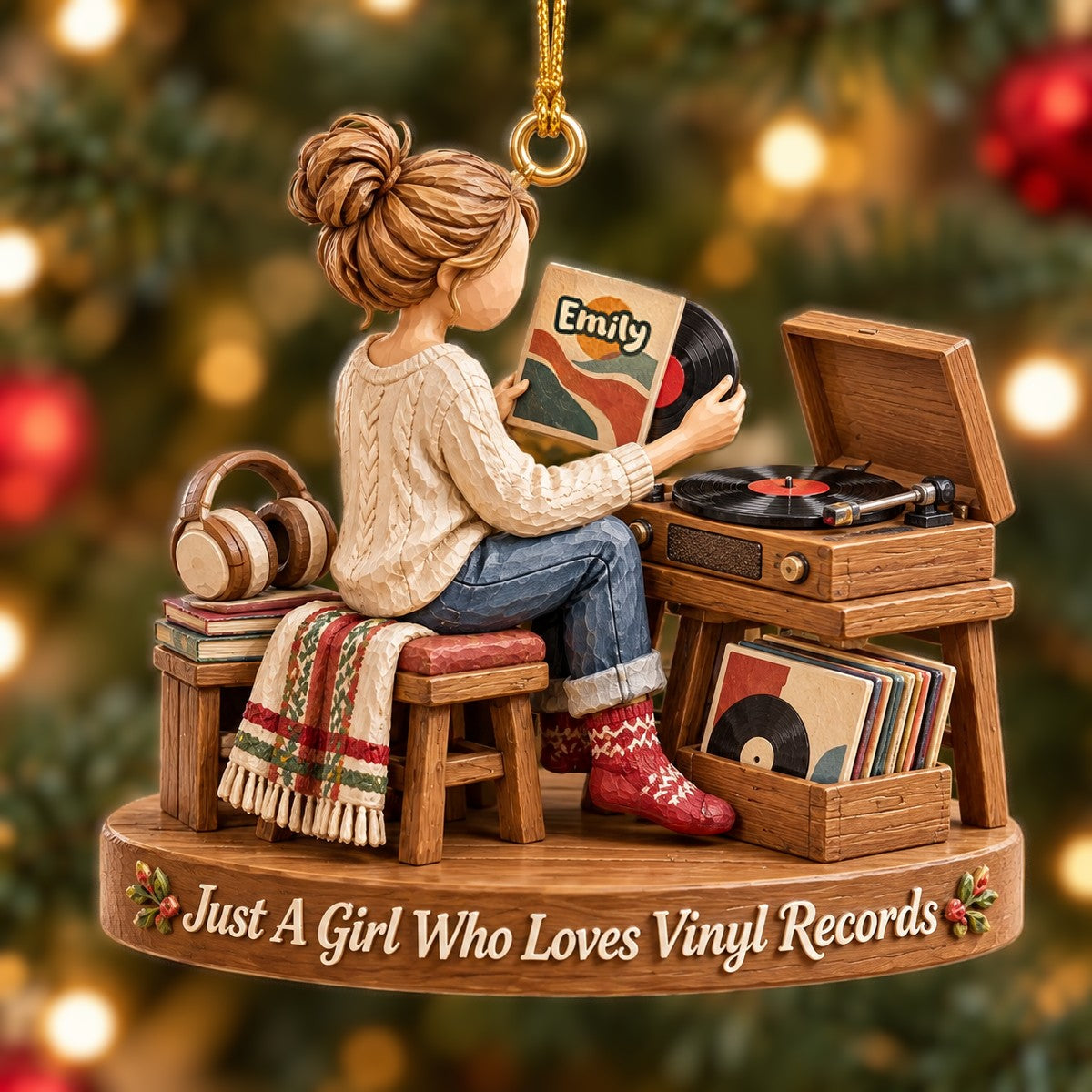 Vinyl Record Girl Wood Effect Ornament, Personalized Gifts For Vinyl Records Lovers 02qhta141026