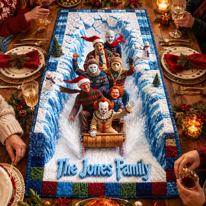 Macabre Midnight Slashers, Christmas Tobogganing Hours Quilted Table Runner - Personalized Gifts For Horror Lovers 04qhdt210826