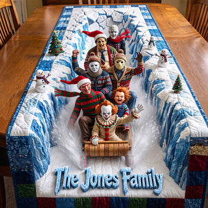Macabre Midnight Slashers, Christmas Tobogganing Hours Quilted Table Runner - Personalized Gifts For Horror Lovers 04qhdt210826