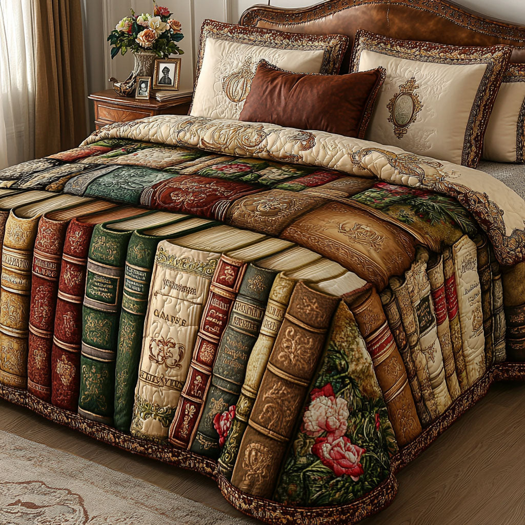 Antique Bookshelf 3-Piece Quilted Bedding Set NCU0PT4437