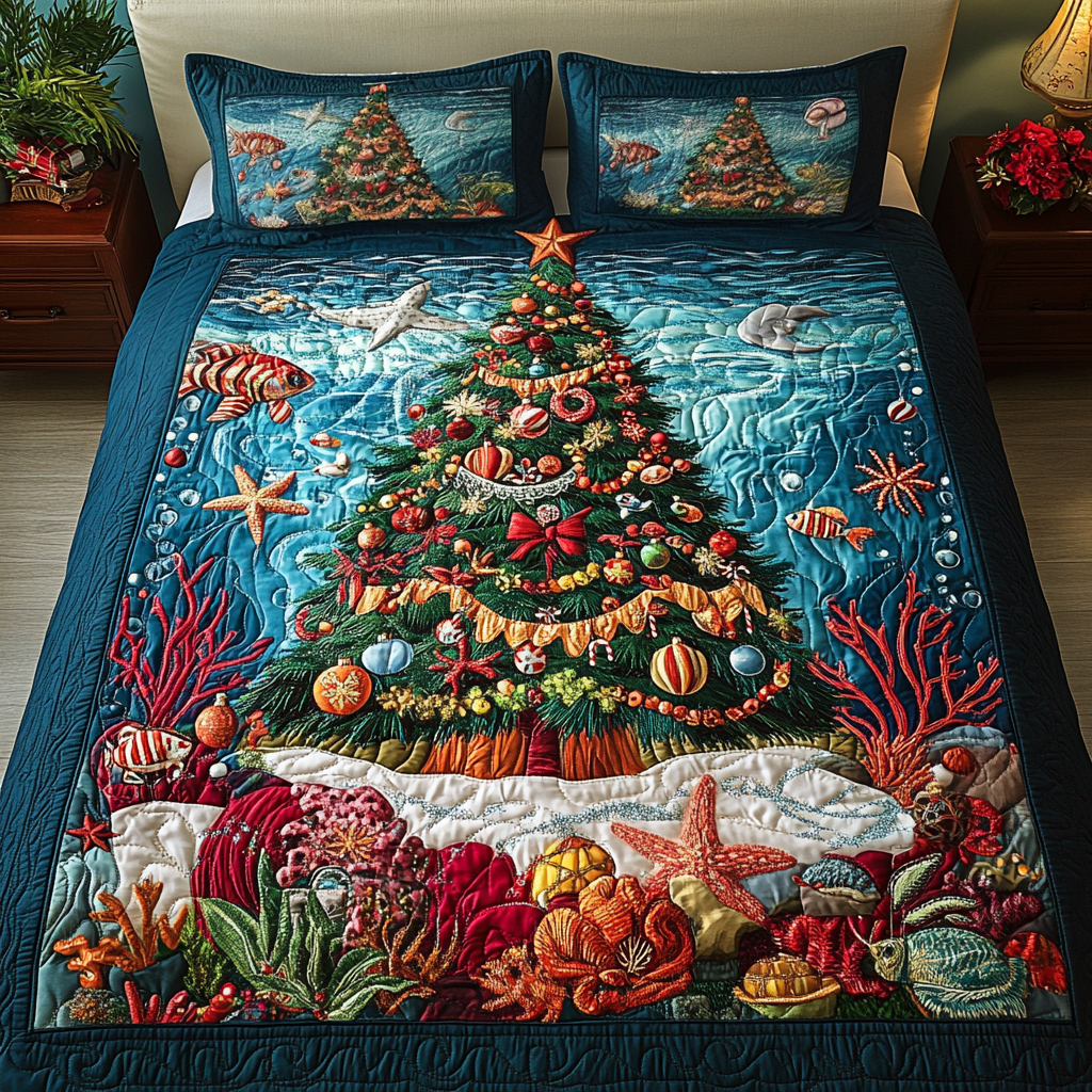 Aqua Tree 3-Piece Quilted Bedding Set NCU0VH972