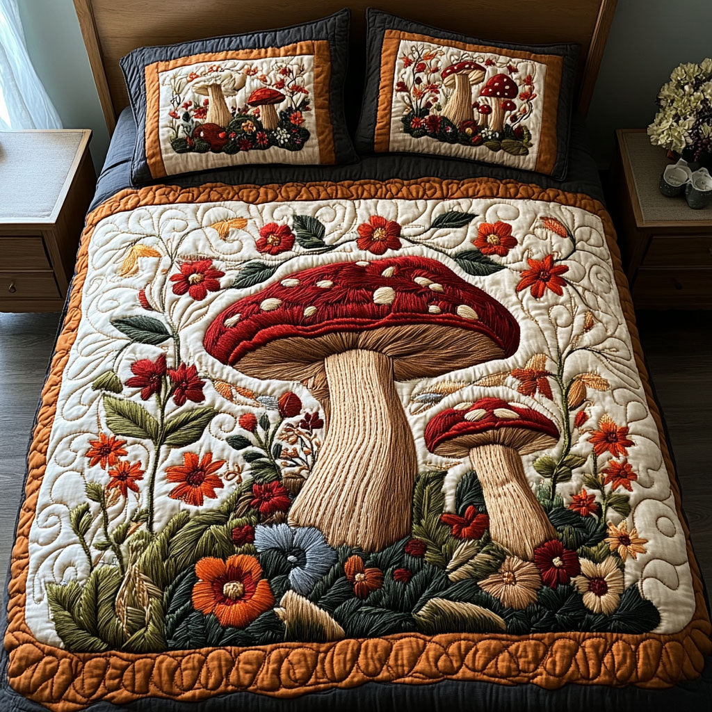 Autumn Mushroom Meadow 3-Piece Quilted Bedding Set NCU0NT3605