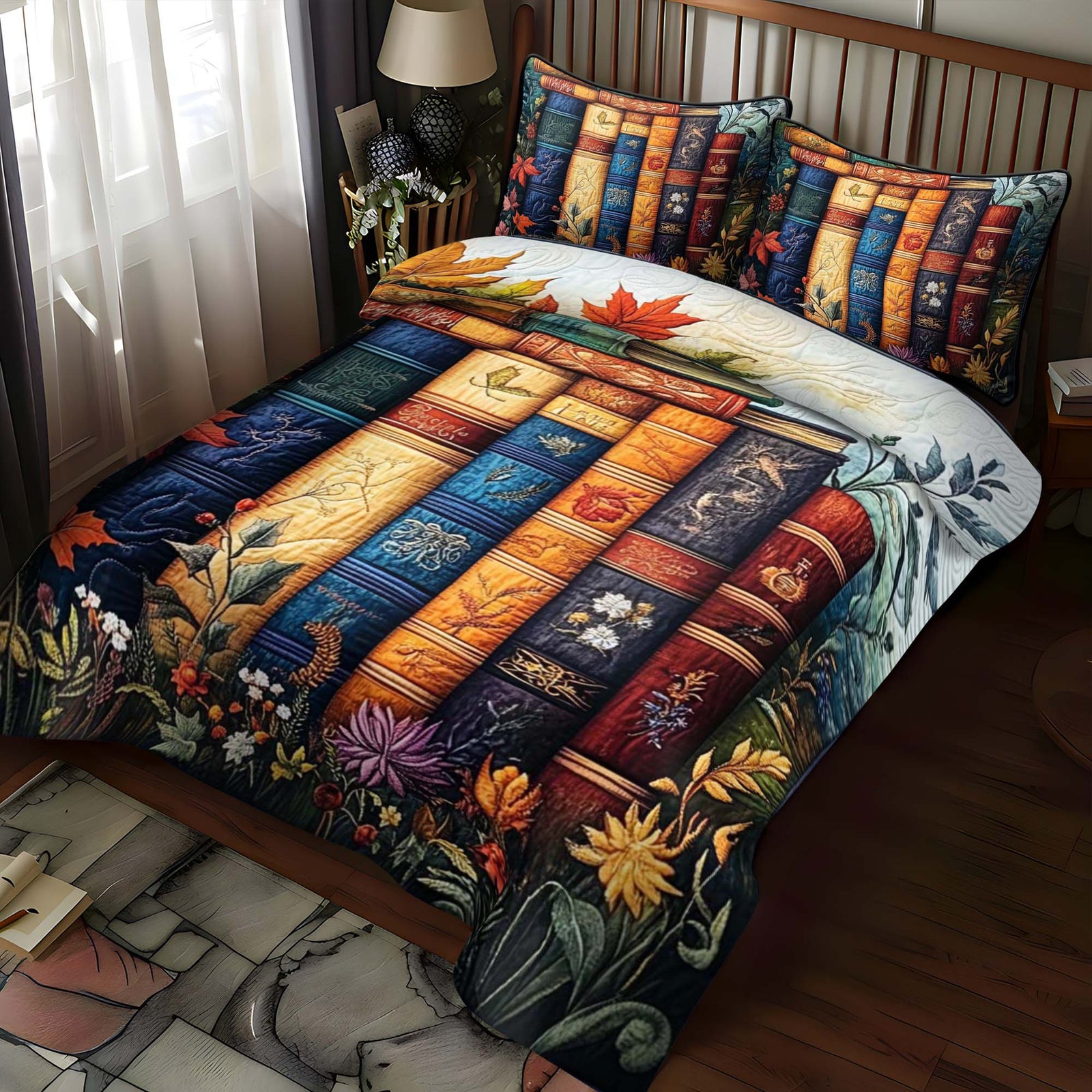 Autumnal Bookshelf 3-Piece Quilted Bedding Set NCU0NT1062
