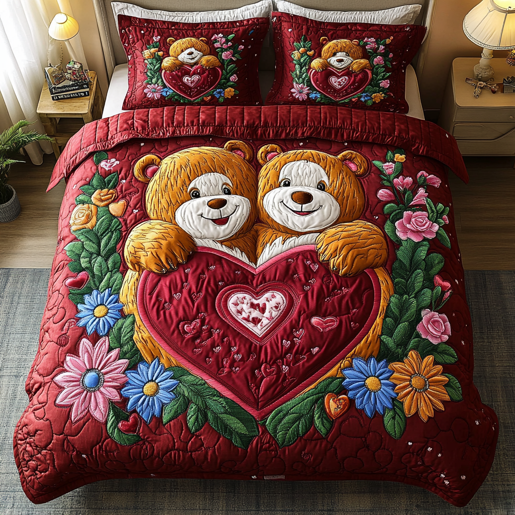 Bear Hugs And Roses 3-Piece Quilted Bedding Set NCU0DK3197
