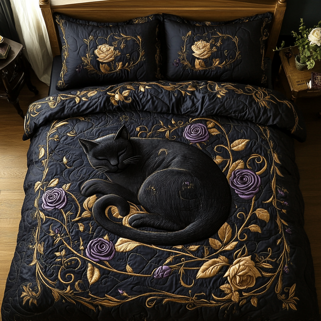 Black Rose Cat Quilted Bedding Set NCU0DV2835