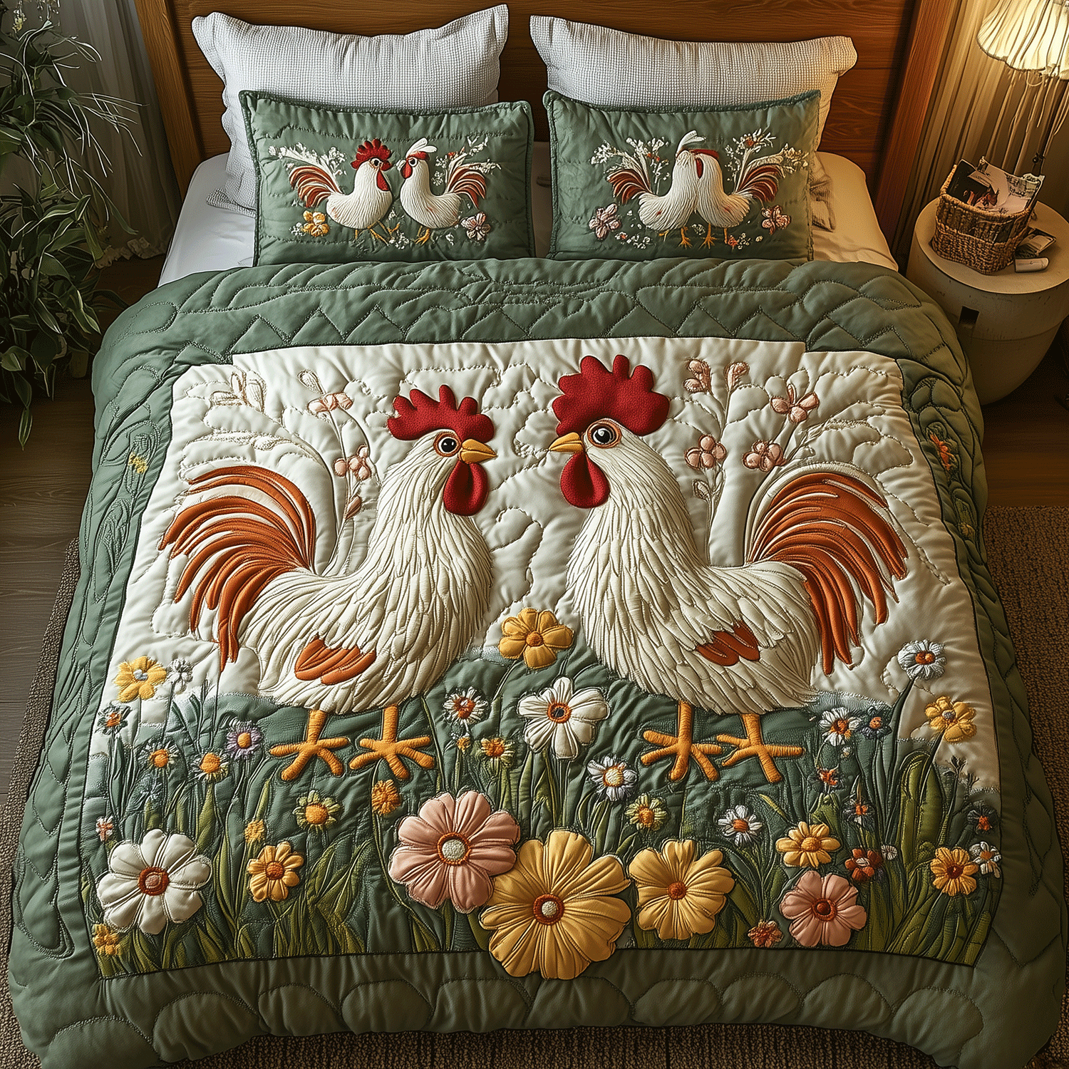 Blooming Chicken Haven 3-Piece Quilted Bedding Set NCU0TH2227