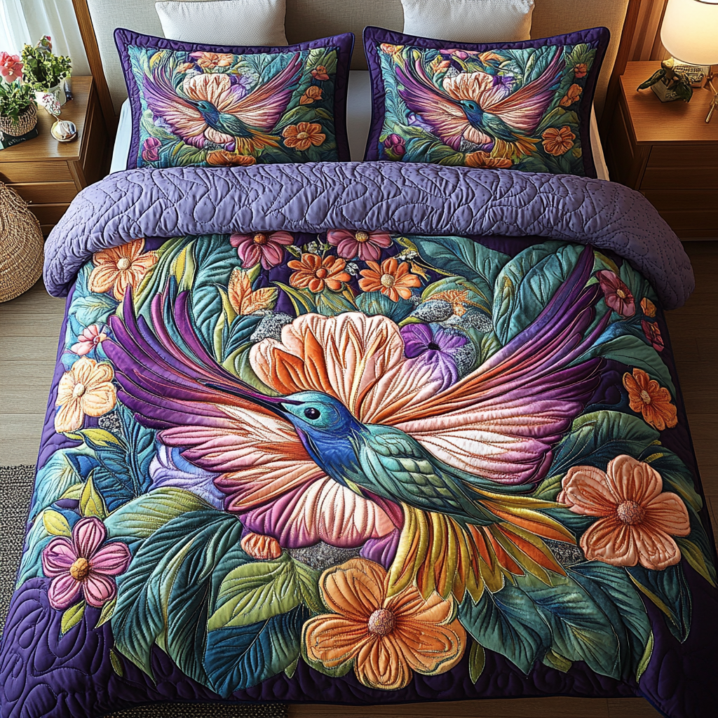 Hummingbird Blossom Flight 3-Piece Quilted Bedding Set 06acxa100425