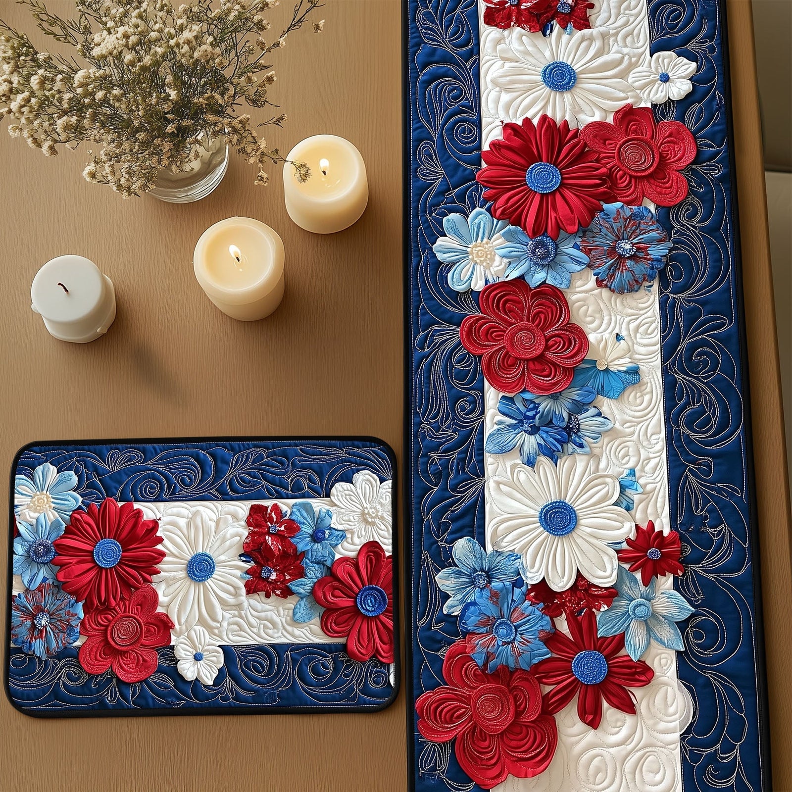 Blossoms of Liberty Quilted Table Runner and Quilted Place Mat Set NCU0PT4507