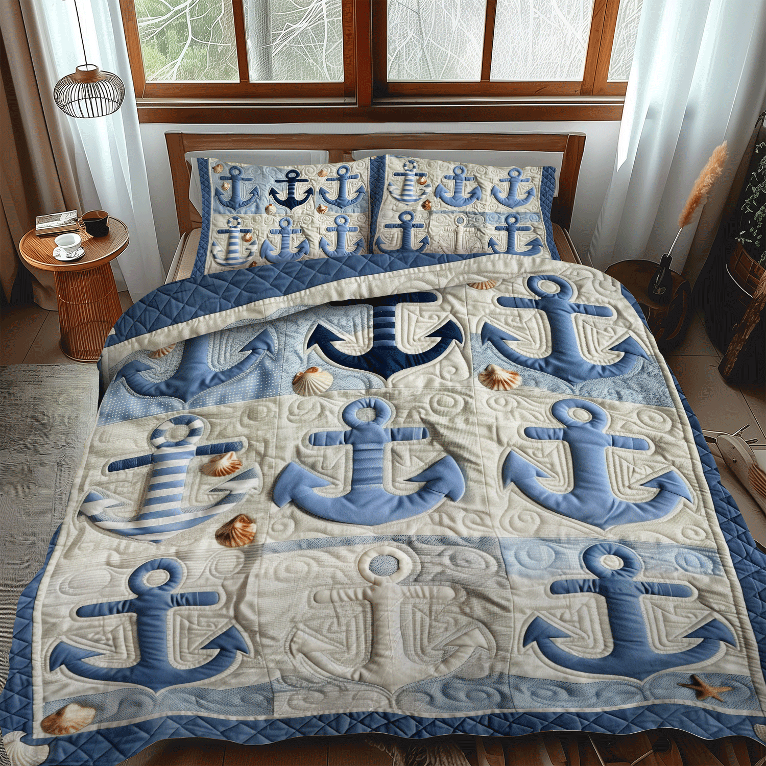 Blue Anchors 3-Piece Quilted Bedding Set NCU0TH1227