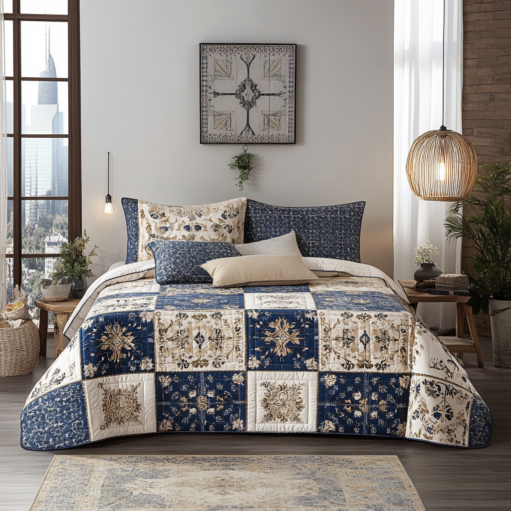 Blue Heritage Quilt 3-Piece Quilted Bedding Set NCU0VL1004