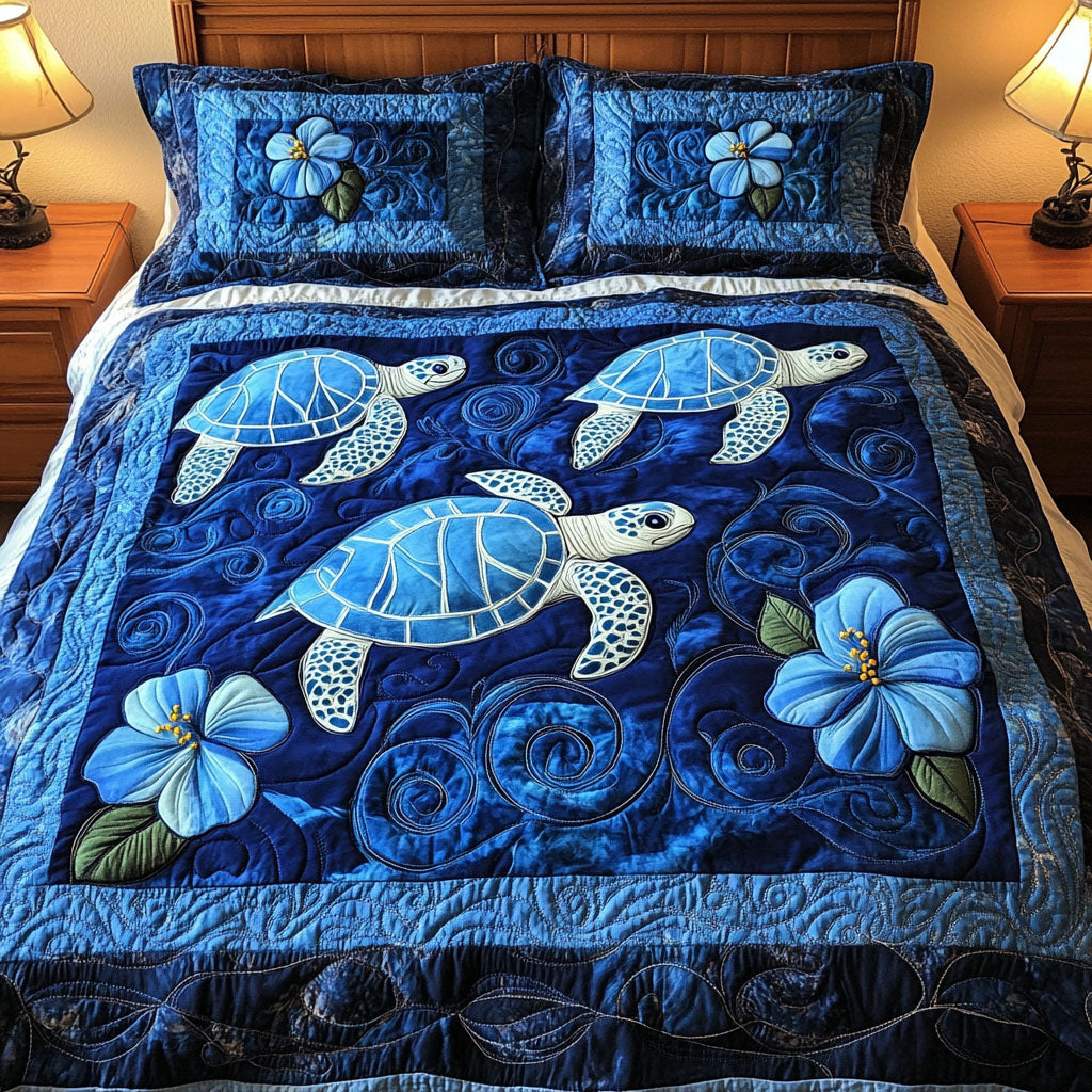 Blue Hibiscus Turtles 3-Piece Quilted Bedding Set NCU0NT3581