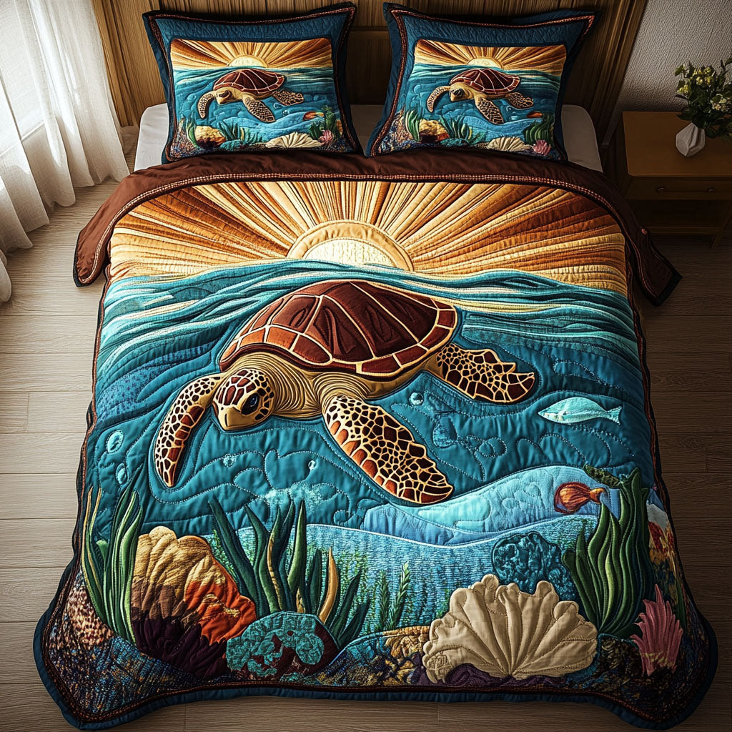 Blue Lagoon Turtle 3-Piece Quilted Bedding Set NCU0NT2515
