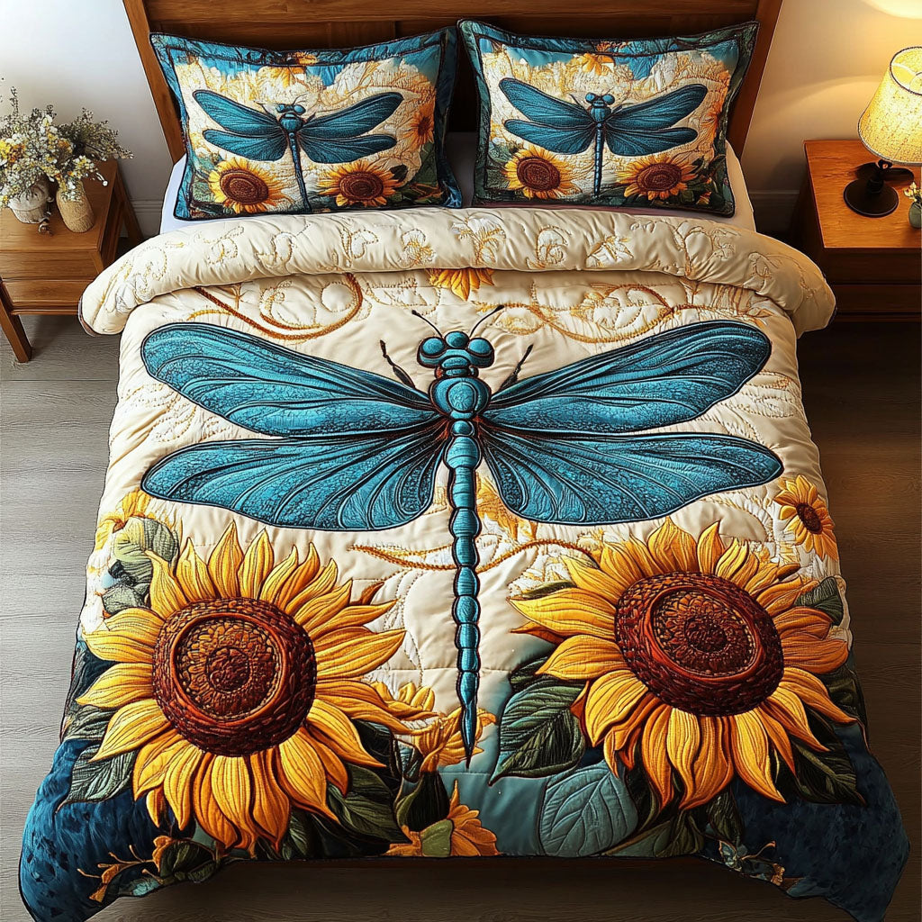 Blue Sunflower Dragonfly 3-Piece Quilted Bedding Set NCU0NT3744